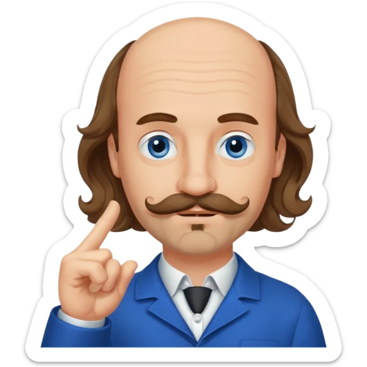 French writer Corneille, brown mi-long wavy hair, baldness on the forehead, moustache, goatee, dressed with a collar,blue eyes, with the finger up sticker