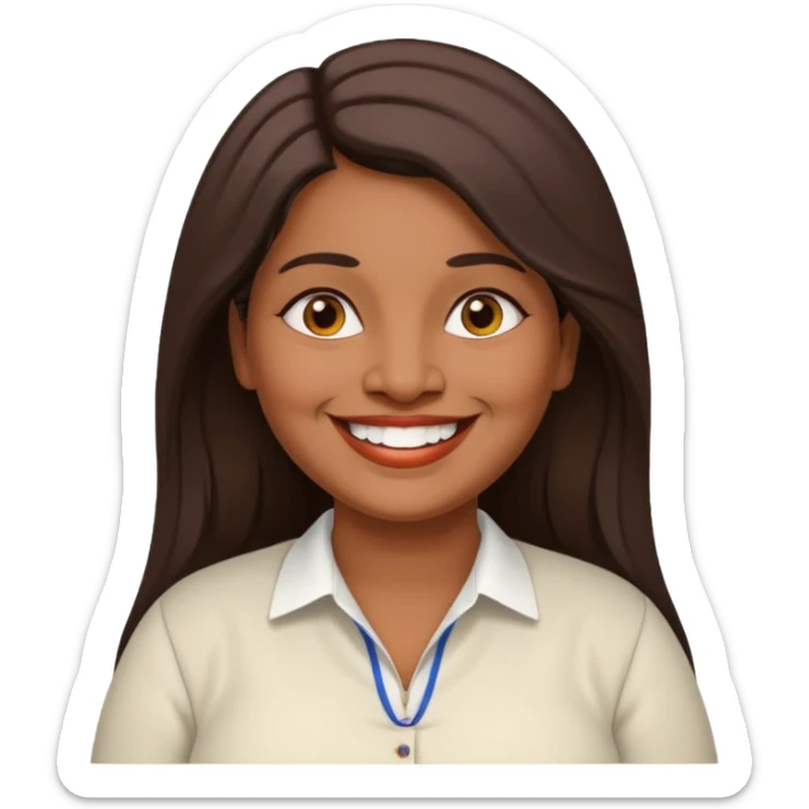 50 yr old chubby Sri Lankan woman, dark skin, straight brown hair, big smile, white teeth, european clothes, longer hair sticker