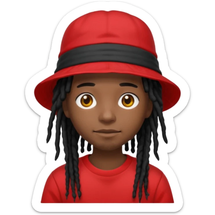 dark brown skin, black hair dreadlocks, wear red t-shirt, black bucket hat sticker