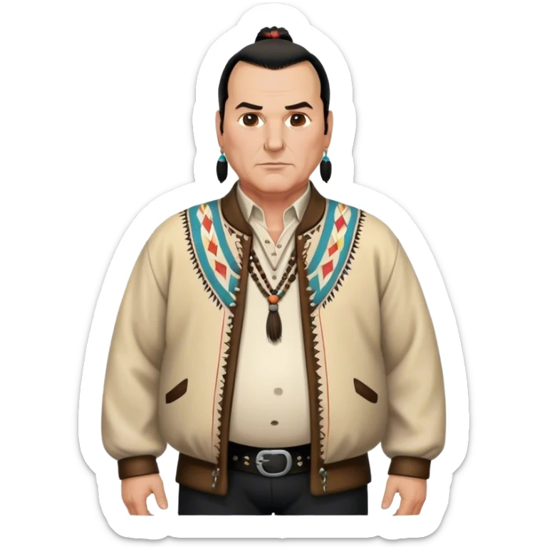 unhealthy steven segal standing render-entire-body balding with ponytail. pot belly. native american style jacket-with-tassles black pants big belly sticker