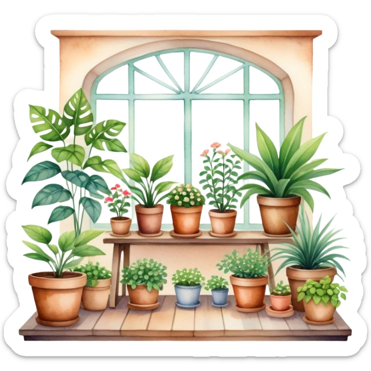 A cozy indoor garden scene with an assortment of potted plants, painted in a delicate and natural watercolor style. sticker