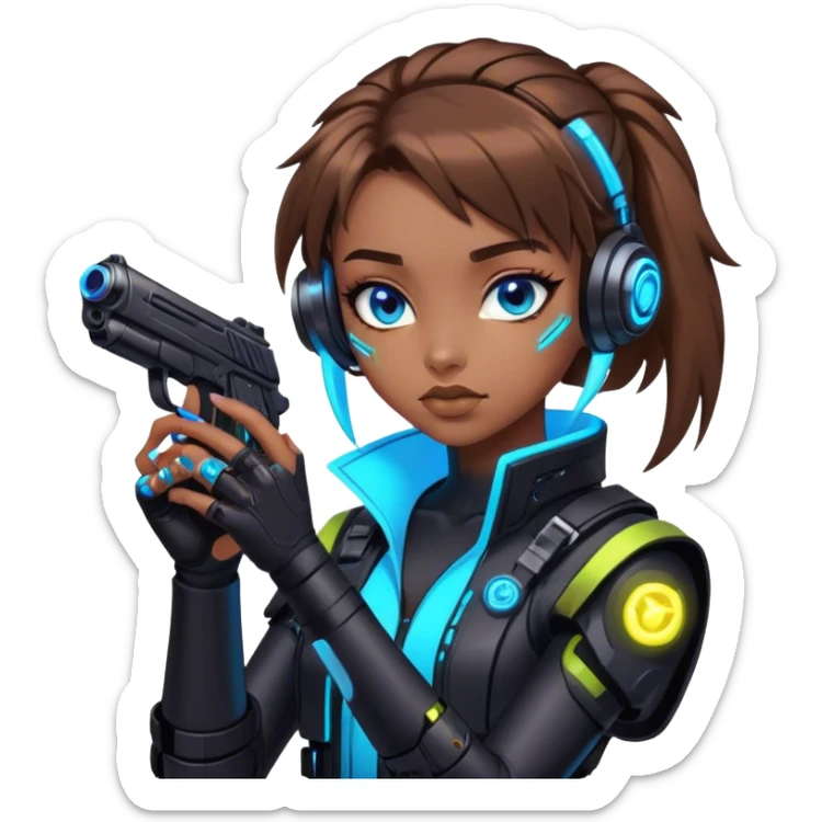 Neon cyberpunk style 
girl with brown hair and blue eyes 
shoots sticker