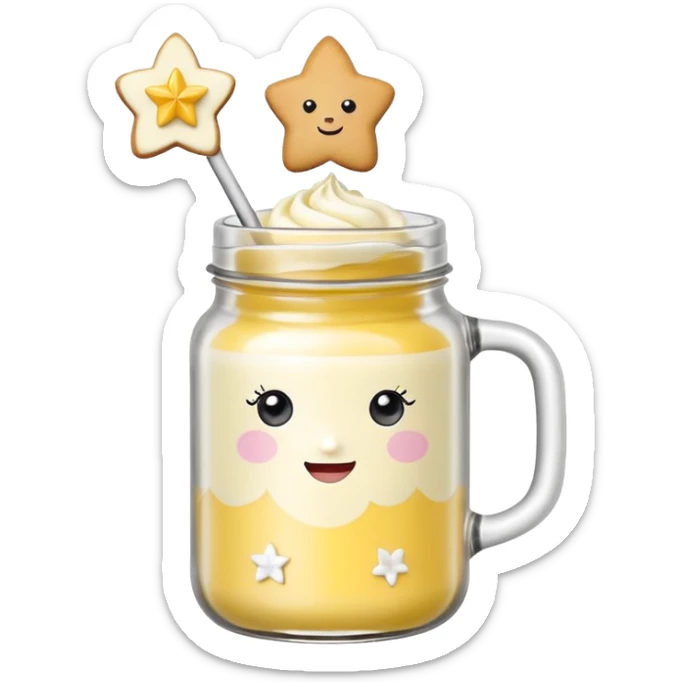 Una miniatura fotorrealista de una mantequilla corporal batida en un tarro, decorada con una pequeña figura sólida en forma de flor o estrella en la parte superior. Estilo: postre, arte, colores vibrantes. sticker