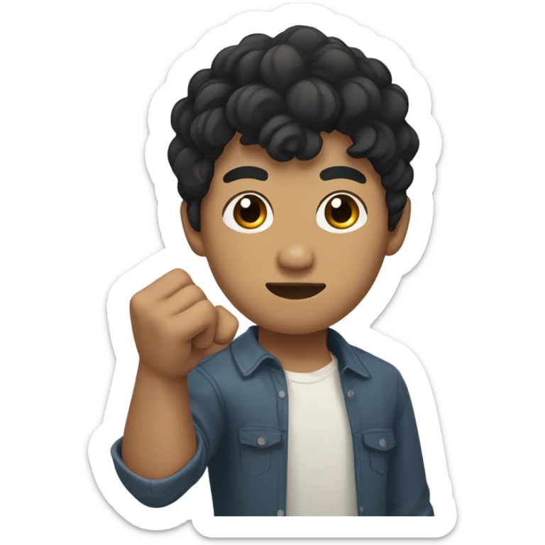 man with short curly black hair with bangs, asian skin type, left hand in a fist, right hand wraps around left hand  sticker