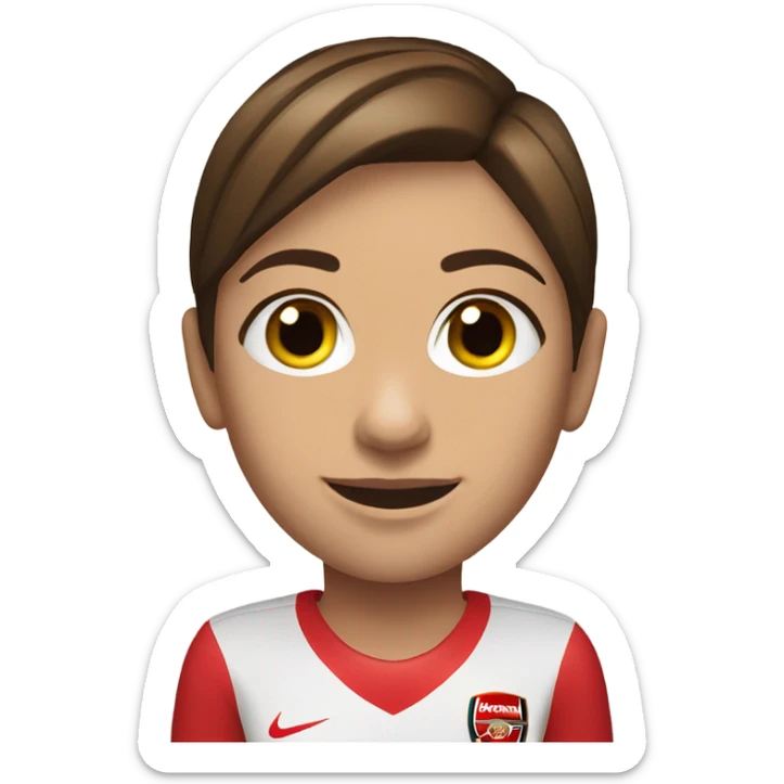 Pretty woman with short brown hair holding a soccer ball and wearing an Arsenal jersey sticker