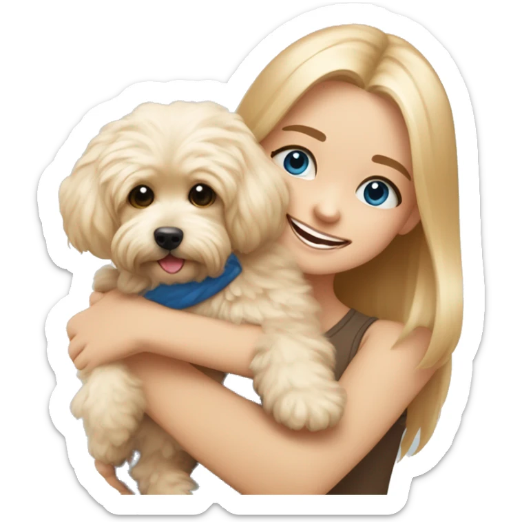 New year mood Blonde girl with very long straight hair and blue eyes is hugging a small caramel maltipoo and the dog is smiling  sticker