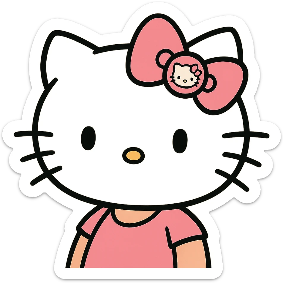 playful Hello Kitty hair pin, vibrant colors, cartoon style, Hello Kitty's face with a big pink bow sticker
