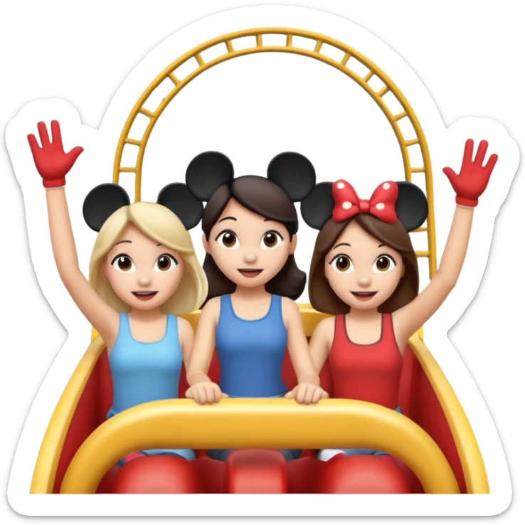 4 chicas montadas en una atraccion de levantando la mano con orejas de Disney puestas en una atracción sticker