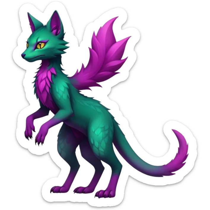 Kawaii dark edgy gloomy dark green ethereal feline-vernid-sergal-fursona animal creature with a tufted tail full body with intricate markings with magenta eyes, yellow Scapha  sticker