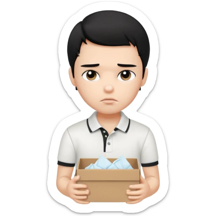 generate a pretty bratz boy with black hair, wearing a white polo shirt. Looking sad, holding a box of tissues sticker