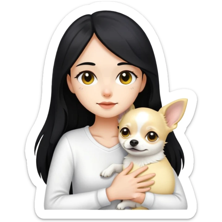 Fair skin girl - long black hair - white clothes - hugging a black, yellow and white Chihuahua sticker
