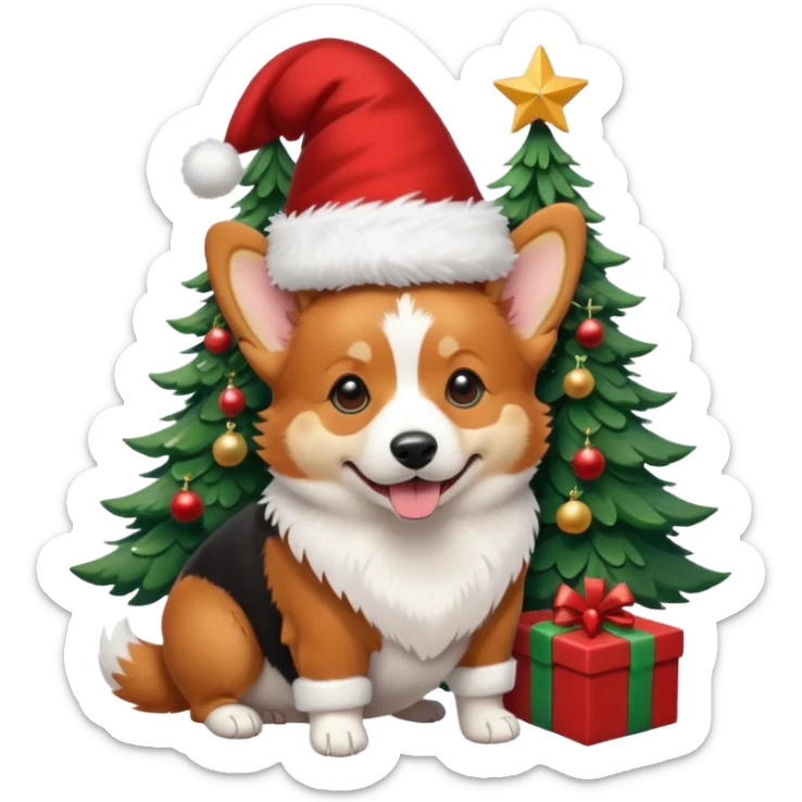 tricolor (black and red head) corgi with santa hat on and christmas tree near sticker