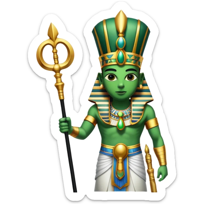 Ancient Egyptian god Osiris with green skin, Atef crown, and holding crook and flail sticker