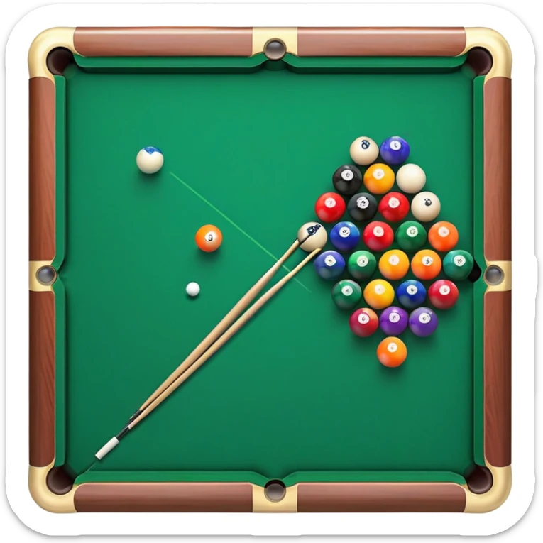 A close-up of a billiard table with a cue stick lined up to strike a colorful set of balls. The focus is on the precision of the shot, with the table’s green surface and the triangular arrangement of balls, creating a dynamic scene of strategy and concentration in the game of billiards. sticker
