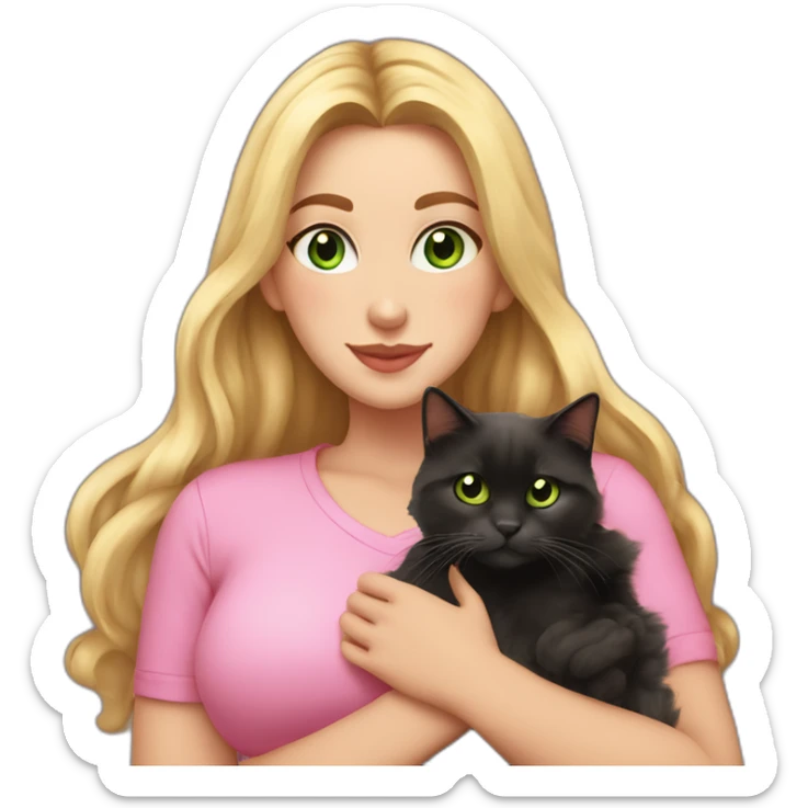 woman with green eyes and long wavy blonde hair and big boobs in a pink shirt is holding a very fluffy and fat black and tortoiseshell cat sticker