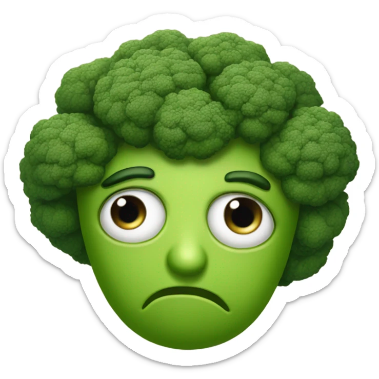 A broccoli with sad eyes and a trembling lip looks upset, as if saying goodbye. sticker