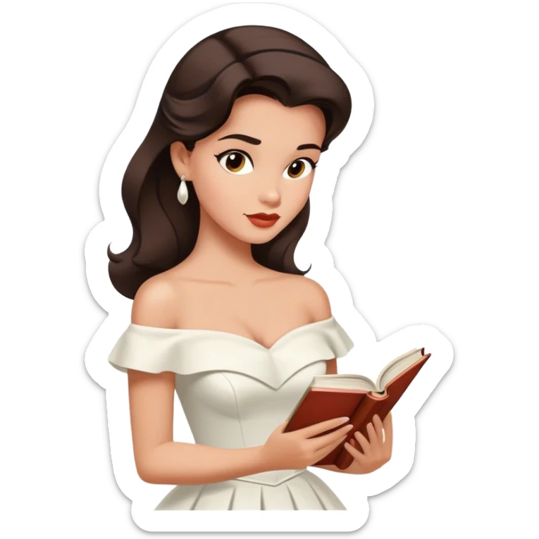 Beautiful woman in 1950’s woman fashion look, off-shoulder white dress, long dark brown hair, reading  sticker