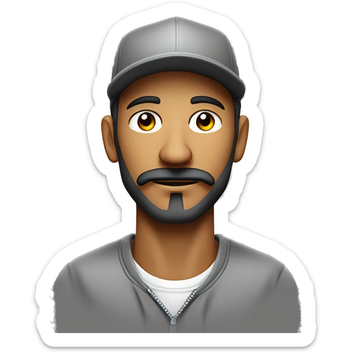 Hombre de piel clara, con ojos claros, barba fina, sin bigote, gorra negra bordada, y sudadera gris. Expresión relajada y estilo urban sticker
