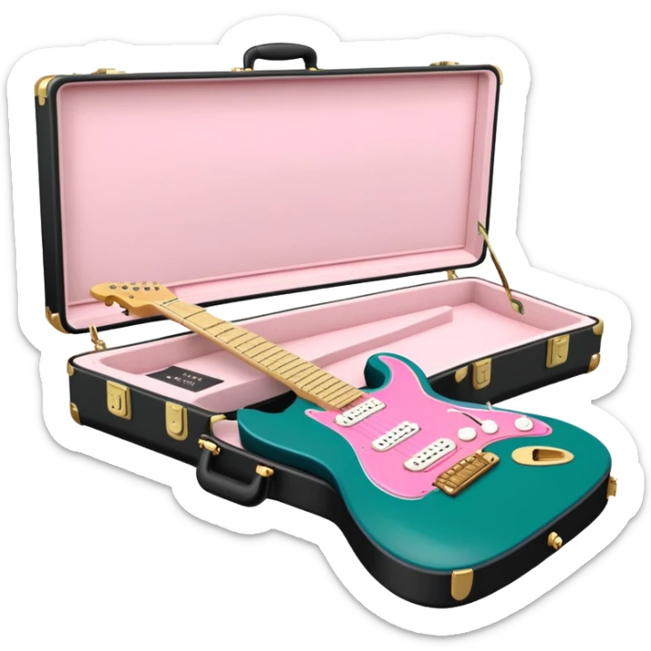 minimalist electric guitar in dark green with pink and blue stripe decal, closed inside a black rectangular hard case with gold latches, flat semi-3D style, soft matte textures, simplified details, stylized decal accent, alternate angle sticker