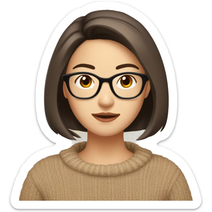 a young pretty asian woman, brown short hair, brown eyes, beige and dark red knit sweater, textured bob, asian,glasses sticker
