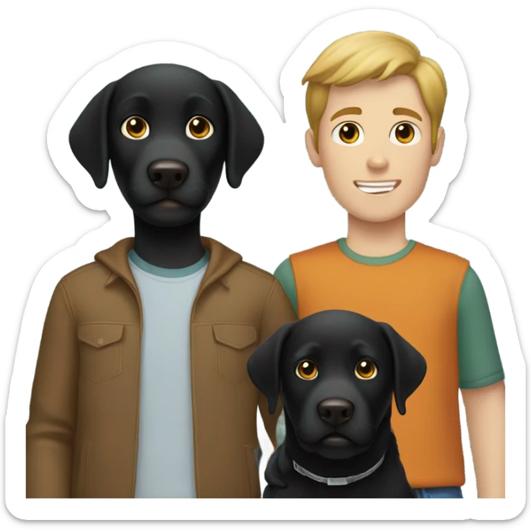 Black Labrador with two Caucasian teenage boys both boys have brown hair  sticker