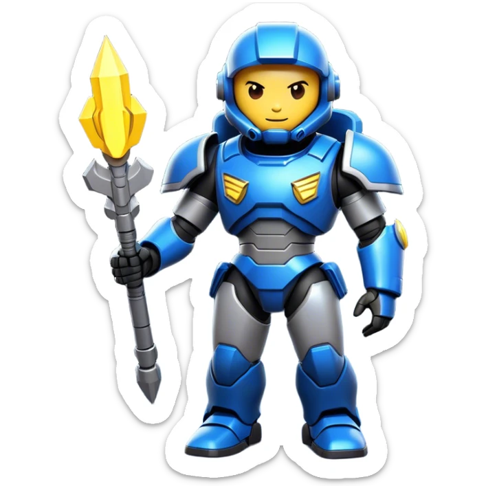 Clash of Clans aesthetic: Cinematic heroic Terran Marine Hero Emoji, rendered in a 3D vector-style similar to standard emojis with minimal shading and bold, simplified shapes. A compact, heroic isometric figure clad in futuristic power armor with signature energy accents, softly glowing with a cosmic battle charm. Simplified yet unmistakably iconic, highly detailed and consistent, glowing with a soft radiant shine and high gloss. Stylized with a touch of interstellar valor and a soft glowing outline, capturing the essence of an elite space warrior with a friendly, playful manner! sticker