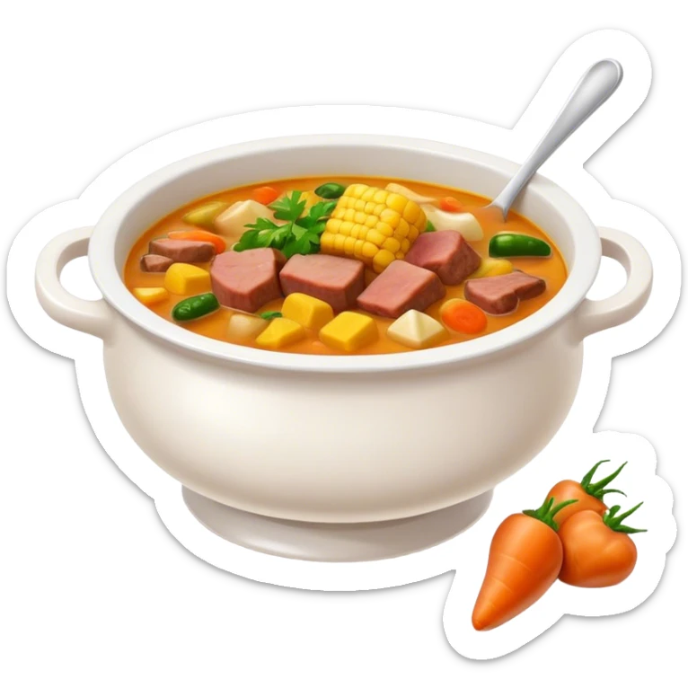Cinematic Realistic Sancocho Soup Dish Emoji, featuring a rich, hearty stew with diverse meats and vegetables rendered with lifelike detail and warm, comforting lighting. sticker
