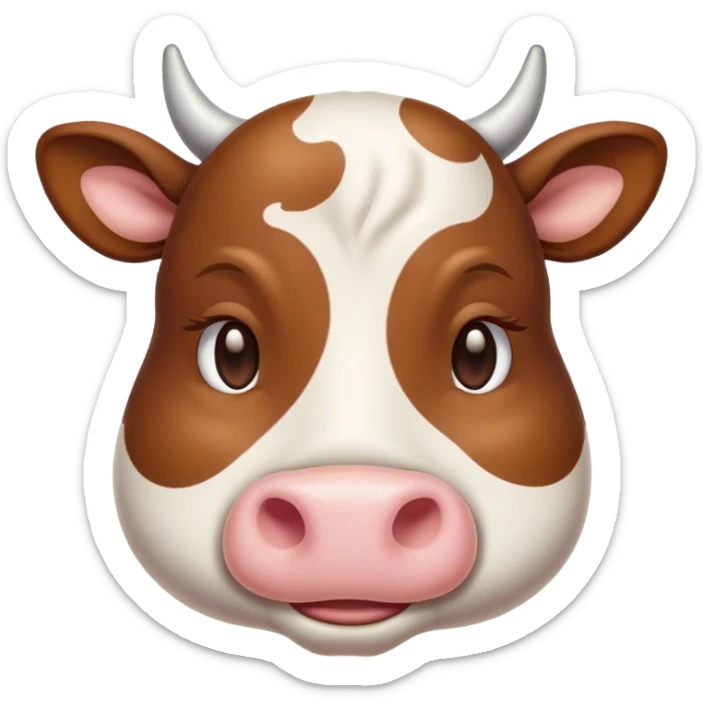 Meme-Worthy Cute Sleeping Brown and White Cow Portrait Emoji, Head resting peacefully with a contented smile, showcasing a robust build and a luxuriously soft patterned hide of brown and white, eyes shut in a serene, restful nap, Simplified yet hilariously adorable features, highly detailed, glowing with a soft, drowsy light, high shine, relaxed and utterly lovable, stylized with an air of playful laziness, bright and heartwarming, soft glowing outline, capturing the essence of a comically sleepy cow, so meme-worthy it feels like it could instantly become the next viral sensation of adorable slumber! sticker