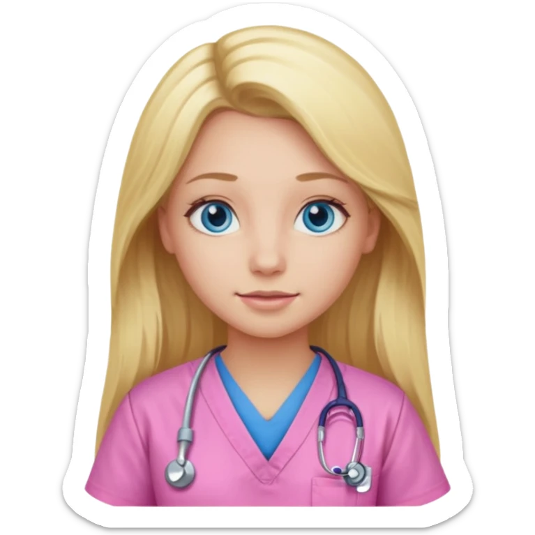Blonde girl in pink scrubs with long hair blue eyes sticker