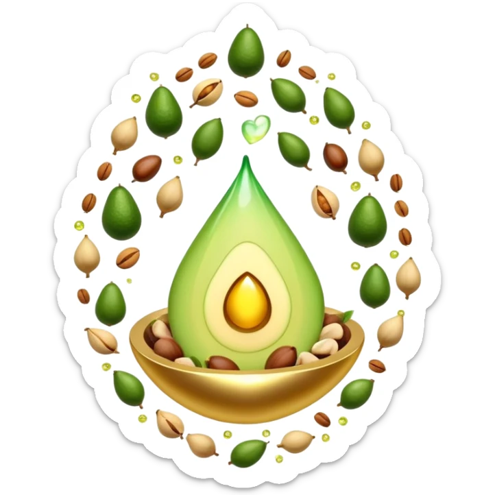 Floating aura in the shape of a golden and jade green drop, with bright icons of avocado, nuts, olive oil and ethereal fish spinning in a circle, surrounding a warm heart and illuminated brain, wrapped in a soft glow of protection and stable energy sticker