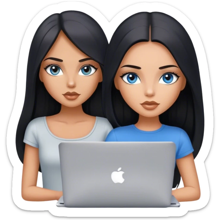 Glamours tanned very beautiful girl with pump nude lips and black straight smooth long hair, blue-grey eyes in top with one MacBook. sticker