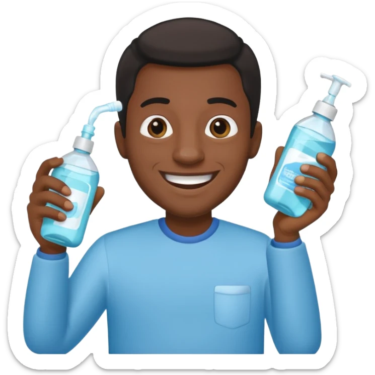 Apple emoji style, Black man grinning and presenting a bottle of mouthwash sticker