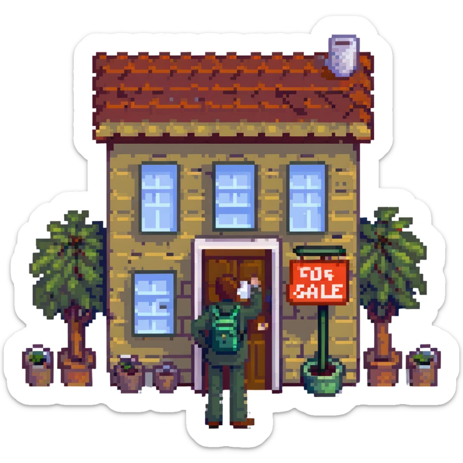 person standing in front of a house with a for sale sign sticker