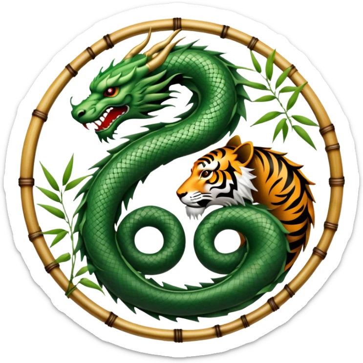 An icon symbolizing Eastern martial arts in the style of an emblem, with a black-and-white Yin-Yang symbol at the center. A dragon and a tiger are placed on either side, representing strength and wisdom. The design includes bamboo and traditional elements. Transparent background sticker