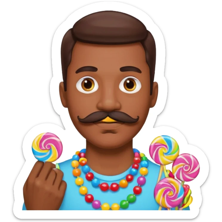 man with a lot of accessories and mustache made out of candy sticker