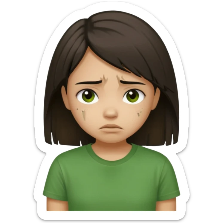 Young girl with straight, dark, damaged, and unkempt hair, wearing a green T-shirt, with a sad and discouraged expression. sticker