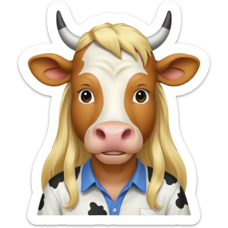 cow with long blonde hair and shirt sticker