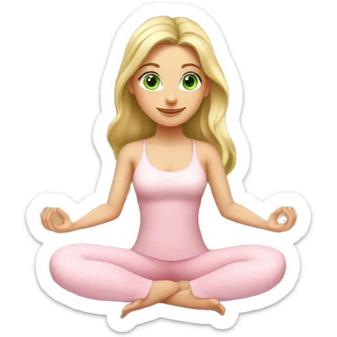 blonde long hair and green eyes yoga beautiful girl in light pink clothes sitting on a yoga mat sticker
