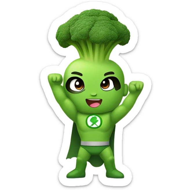 kawaii cute mini superhero with green clothes and a broccoli as hair,  full body saying hello sticker