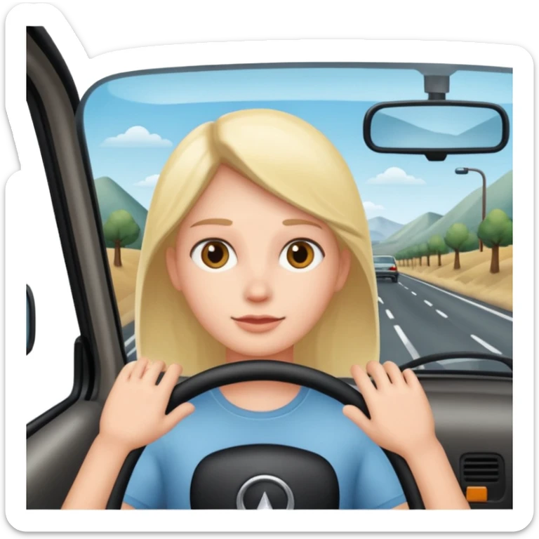 Crea un emoji con fondo transparente en PNG de una persona manejando un vehículo, que se vea desde el parabrisas frontal. sticker