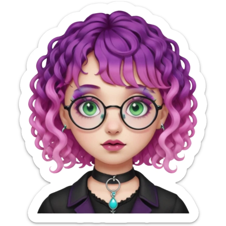 . Gothic girl with pink to violet ombré hair with pink on top, ringlet curly hair, bangs round glasses, septum piercing, nostril piercing, almond eyes, blueish green eyes,heavy eyeliner,  sticker