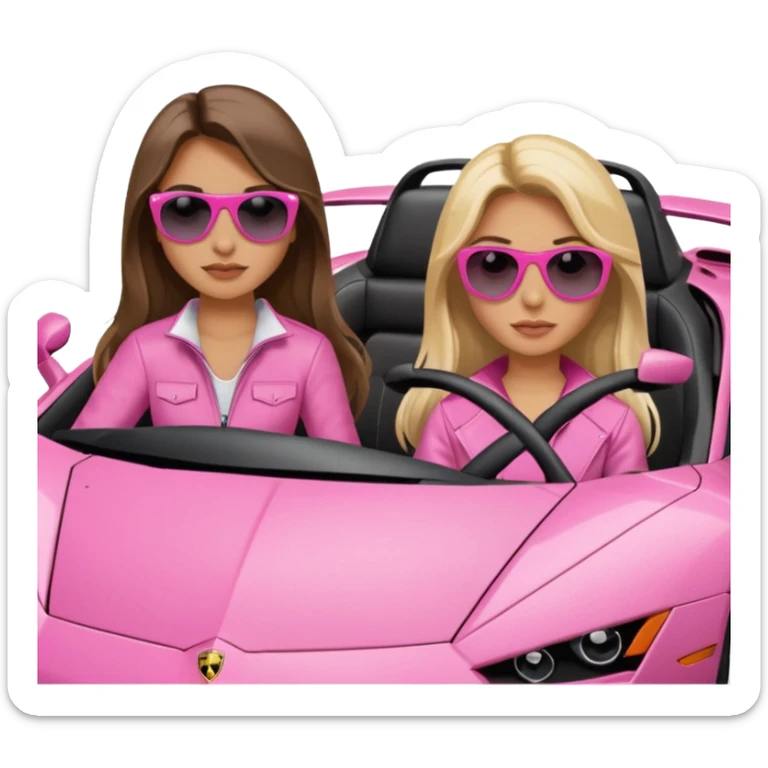 Add sunglasses Make car far away so I can see full car Car facing forward in sports car. Make hair long  two girls in car far away Front of car sitting in the seats. Make it a pink sports car. They are two baddies make it a Lamborghini pink car  sticker