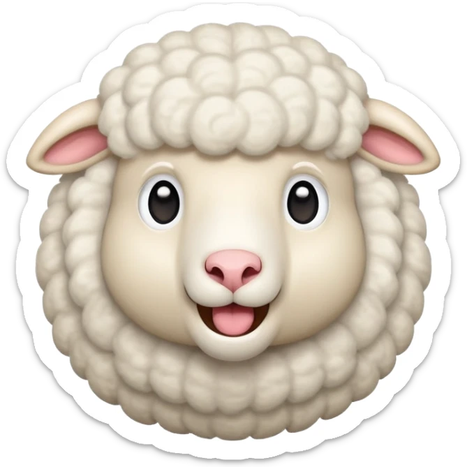 An emoji of a fluffy white sheep with its mouth open, making a 'meee' sound. Cute and cartoon-style, with soft wool texture and expressive eyes. Simple and playful design, resembling a classic farm animal emoji sticker