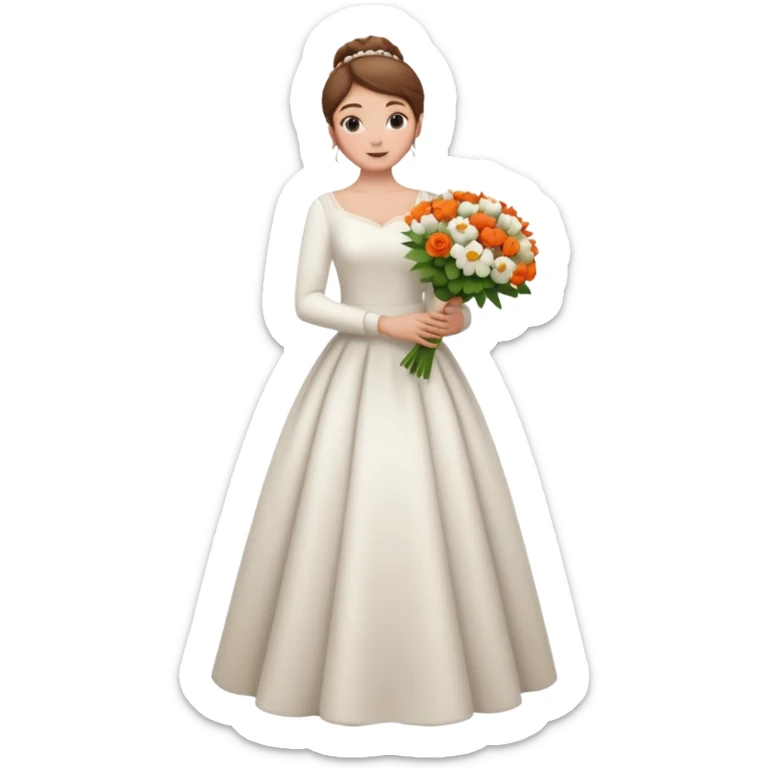Chica blanca, cabello castaño, recogido en moño alto, vestido novia de manga larga, cuerpo entero, ramo de flores en una mano sticker