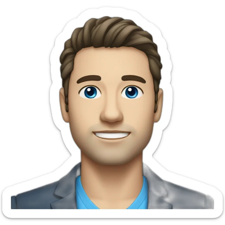 30 year old man, caucasian, black hair, blue eyes, blazer, t-shirt sticker