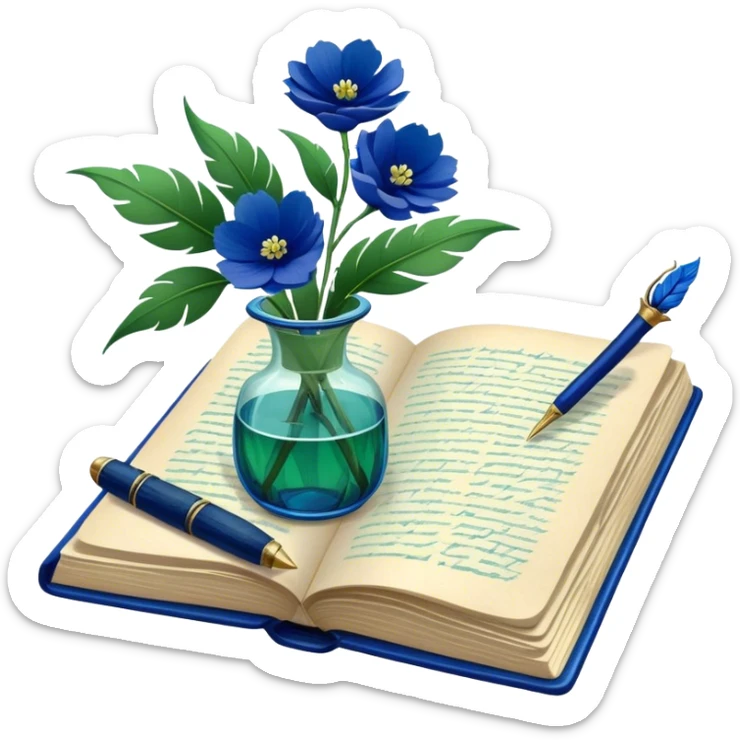 An artistic composition of an old green book with deep blue flowers in a glass vase, a quill pen resting nearby. sticker