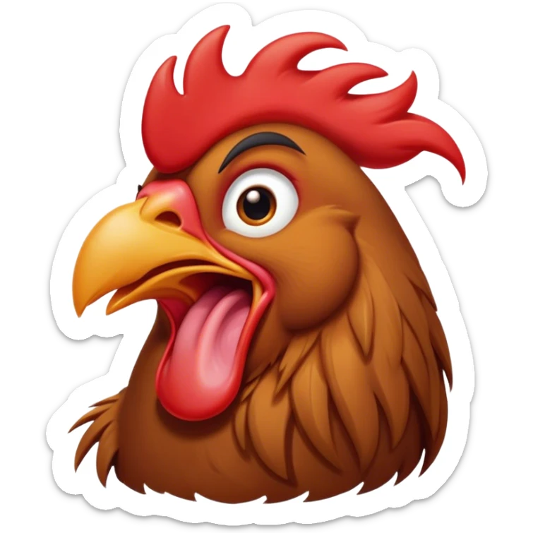 Cinematic Cute Yawning Brown Rooster Portrait Emoji, Head tilted slightly with a dramatic, wide-open yawn, showcasing a soft, downy brown plumage with a subtle red comb and drooping wings, round warm eyes barely open in drowsy contentment, Simplified yet irresistibly adorable features, highly detailed, glowing with a soft, cozy glow, high shine, relaxed yet expressive, stylized with a touch of whimsy, bright and endearing, soft glowing outline, capturing the essence of a sleepy yet affectionate rooster, so drowsy it feels like it could stretch out of the screen and curl up for a nap! sticker