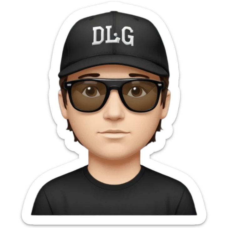 Emoji of a white man with short dark brown hair under a black baseball cap, wearing a black t‑shirt and 1980s‑style black Ray‑Ban rectangle sunglasses black lenses, with black musical notes floating around his head,  word "DLG" written on the hat sticker