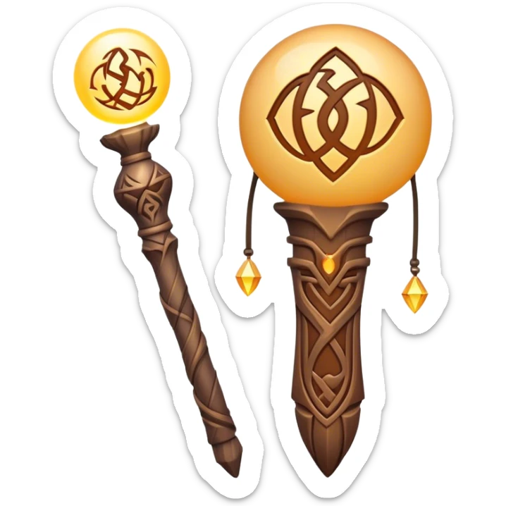 Clash of Clans aesthetic: Cinematic Playful Magic Staff Emoji, rendered in a 3D vector-style similar to standard emojis with minimal shading and bold, simplified shapes. A compact, isometric enchanted staff with intricate runic carvings and a glowing orb at its tip, softly glowing with a mystical arcane charm. Simplified yet unmistakably iconic, highly detailed and consistent, glowing with a soft radiant glow and high shine. Stylized with a touch of legendary sorcery and a soft glowing outline, capturing the essence of a powerful magic staff with a friendly, playful vibe! sticker