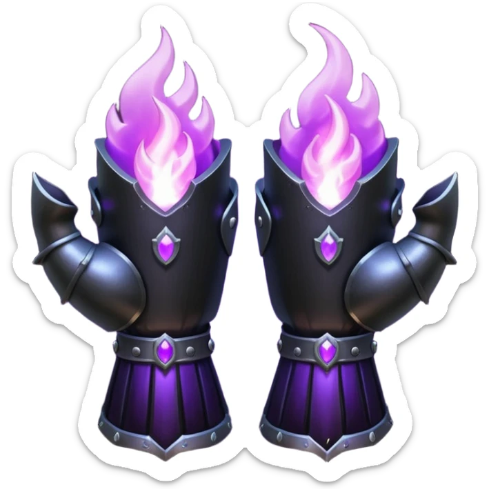 A Discord emoji of a pair of black armored gauntlets holding a flickering violet flame. The hands are positioned as if offering a gift. Dark gothic fantasy, glowing magical effects, high contrast, 2D vector style, white background. sticker
